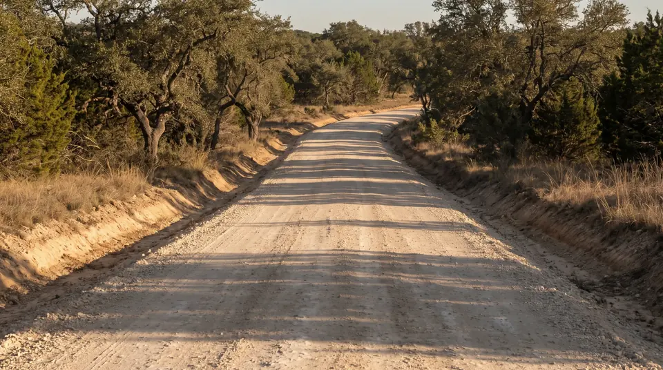 Access road building in Texas: freshly graded crushed limestone ranch road with crown and drainage ditches