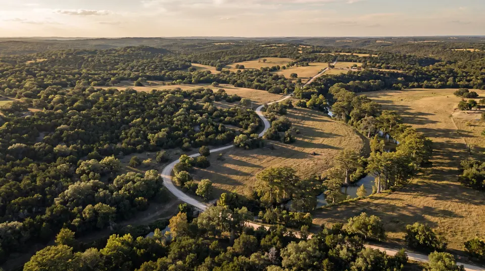 Service areas: Hill Country, east and north Texas: aerial view of Hill Country woodland, pasture and a winding river