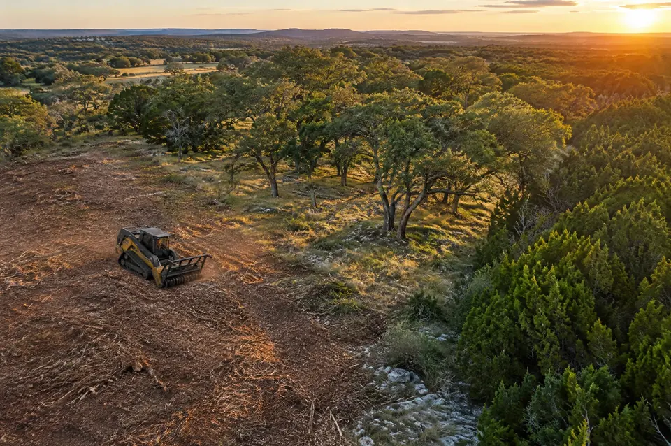 Land clearing contractors: aerial view of a property with mulched open ground, thinned oaks and an untouched cedar edge
