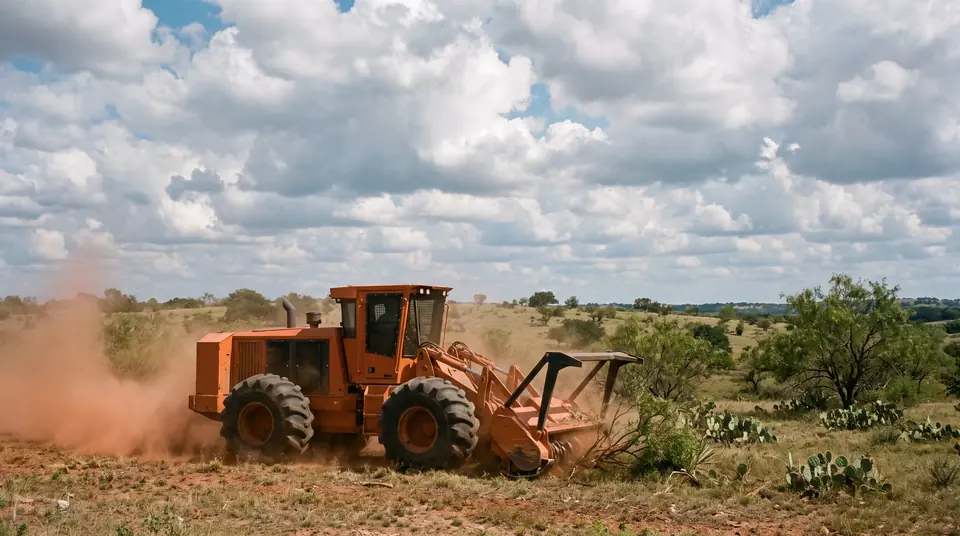 Land clearing in Central Texas: articulated wheeled forestry mulcher working across open mesquite pasture