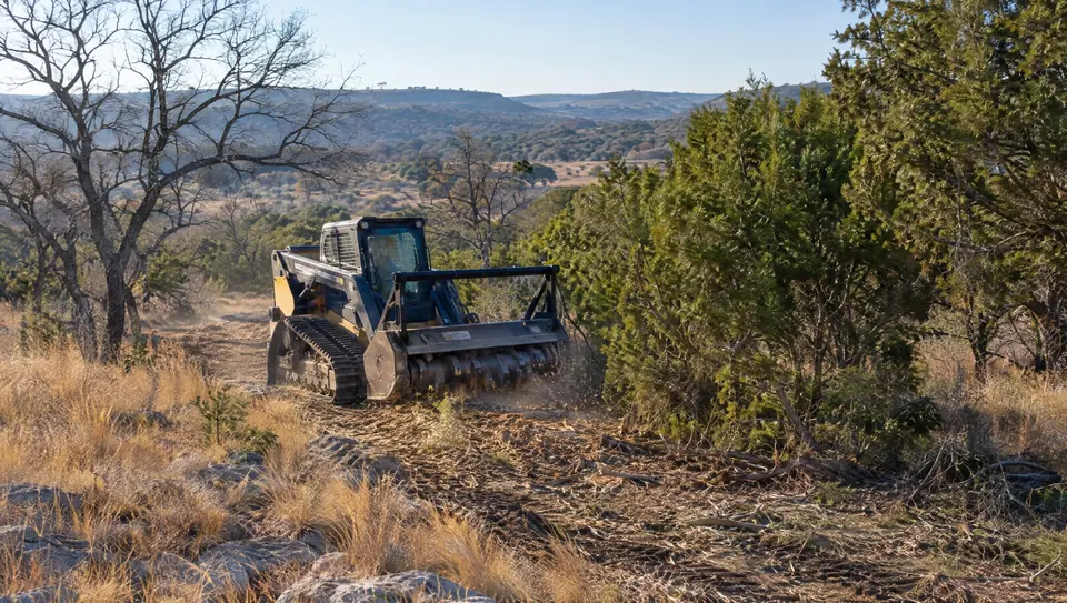 Best time to clear land in Texas: track mulcher clearing a lane through golden late-fall grass and cedar in the Hill Country