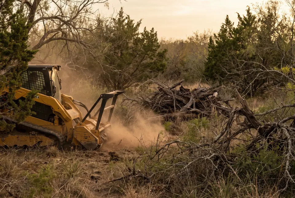 Brush clearing in Texas: overgrown brushy lot with mesquite and cedar being cleared by a track loader mulcher