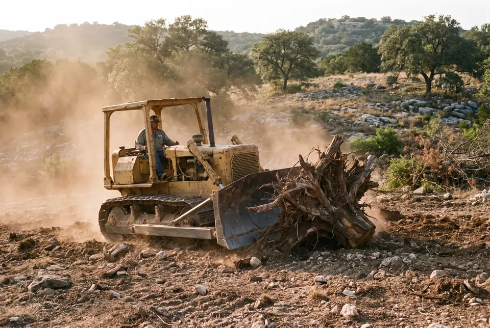 Pasture mowing: bulldozer pushing out a cedar root ball on a building site