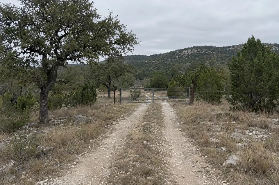 Caliche two-track road to a pipe gate through live oak and cedar ranch land in Comal County