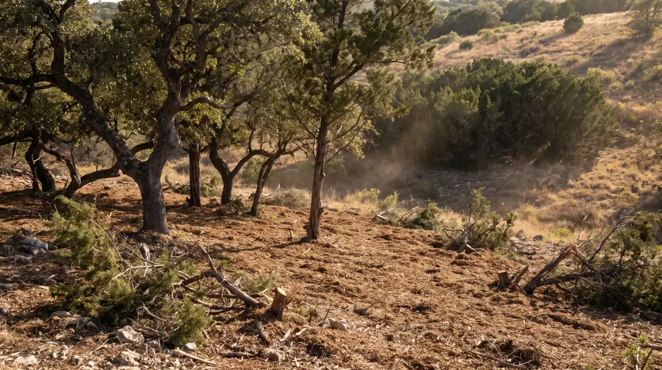 Cedar regrowth: Hill Country hillside after selective cedar removal with live oaks kept