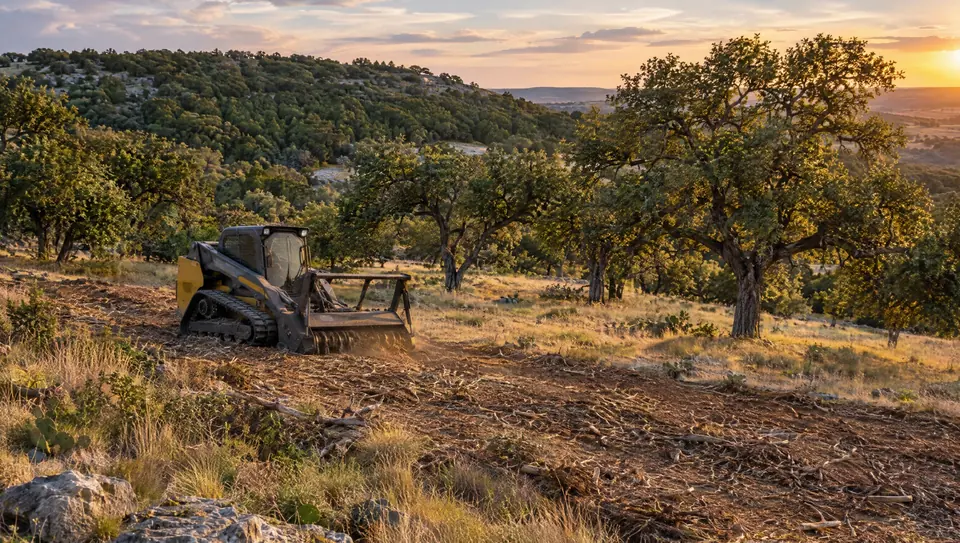 Cedar removal in Boerne, TX: track mulcher on a Kendall County hillside near Boerne, cedar cleared from under big live oaks