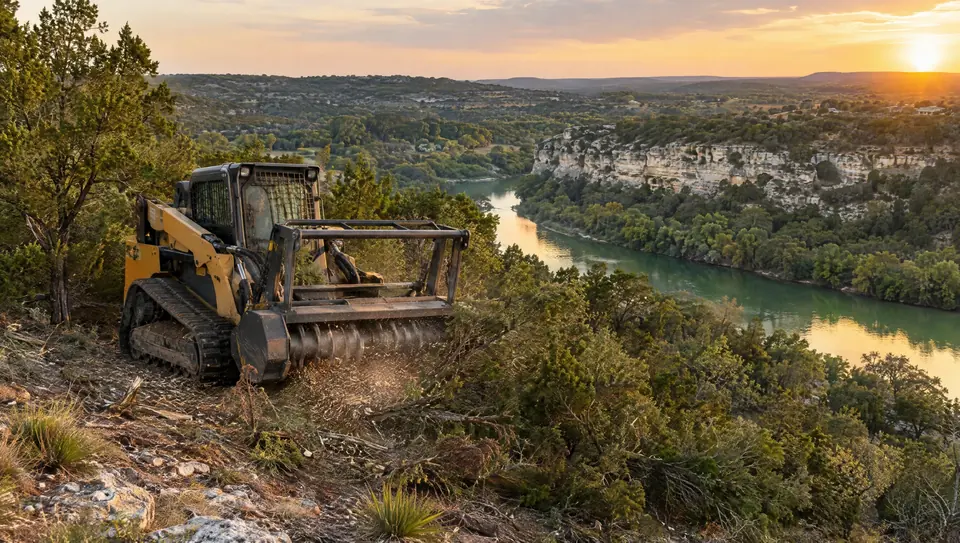 Cedar removal in Spring Branch, TX: forestry mulcher clearing cedar above a green Guadalupe River bend near Spring Branch