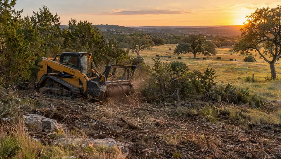 Track mulcher clearing cedar and mesquite from a ranch pasture at sunset, cattle grazing beyond