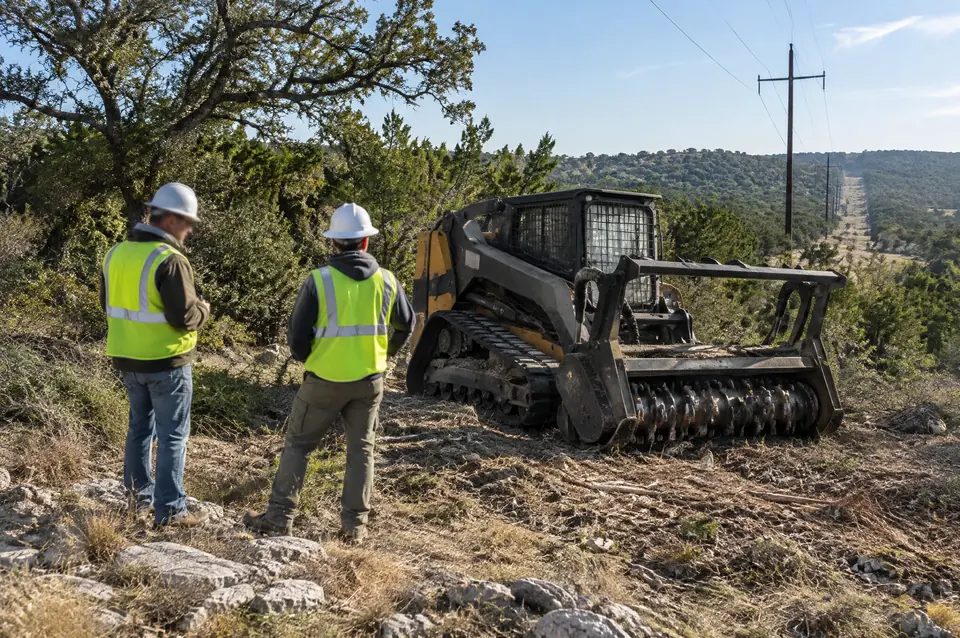 Row safety manual: crew in hard hats and hi-vis vests beside a forestry mulcher near a power line