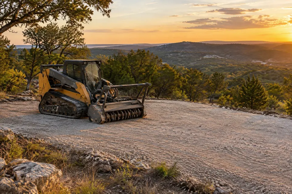 Construction site clearing: finished crushed limestone building pad on a cleared hilltop at sunset