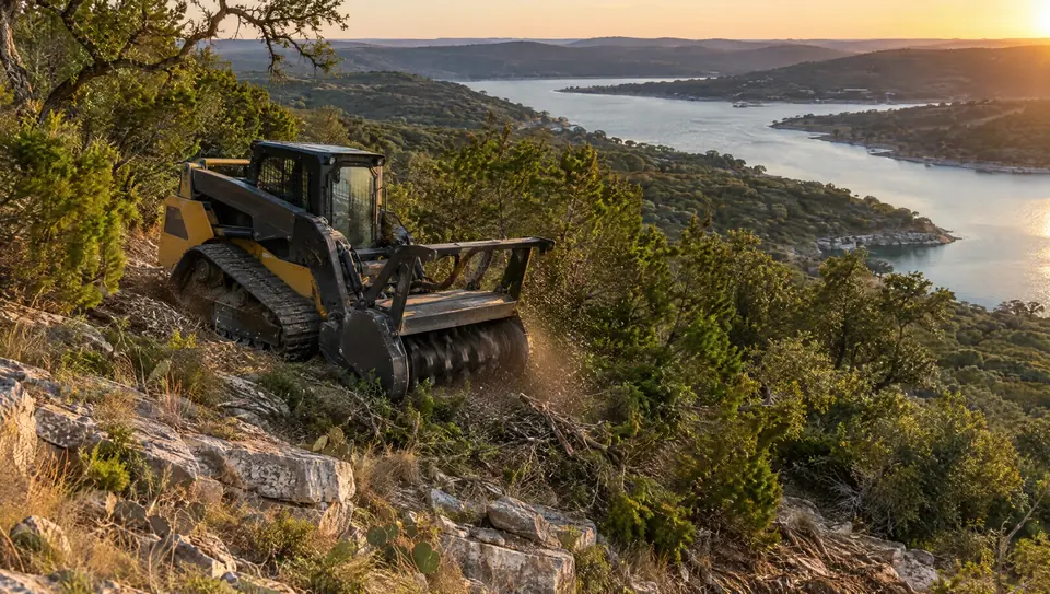 Forestry mulching in Canyon Lake, TX: forestry mulcher on a steep limestone hillside above Canyon Lake at sunset