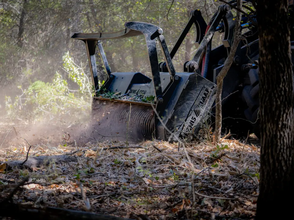 Forestry mulching in Central Texas: 9 Arrow mulcher head grinding brush and small trees in place