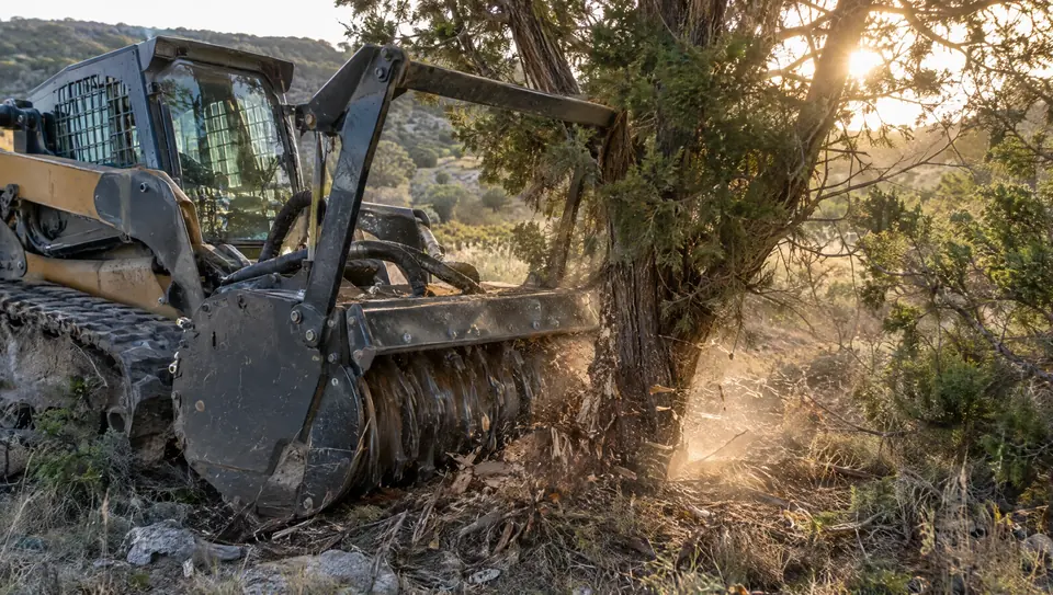 Forestry mulching cost per acre: forestry mulcher drum grinding a cedar tree at its base, chips flying