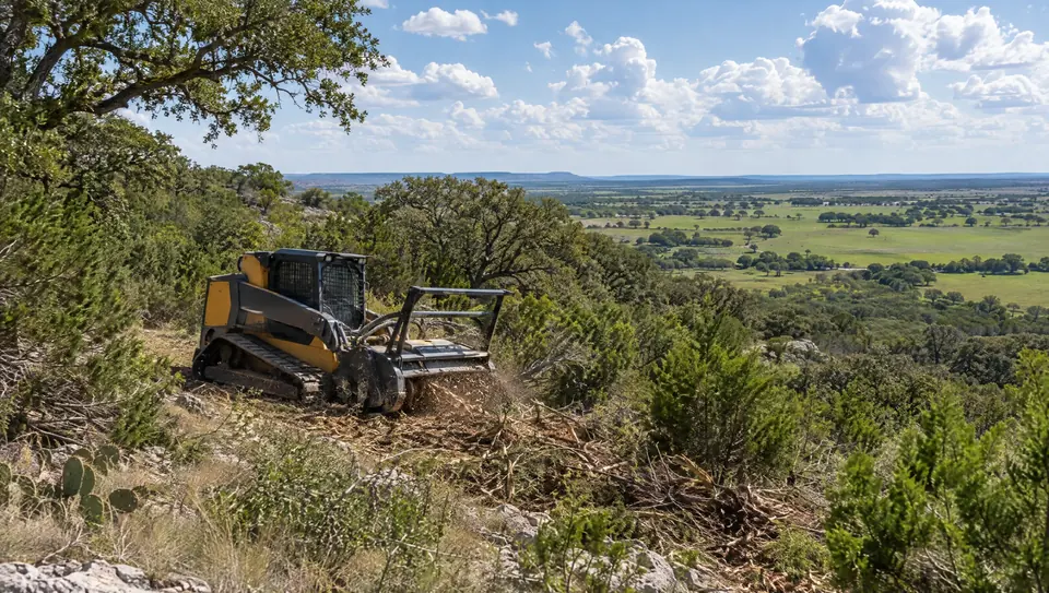 Forestry mulching in New Braunfels, TX: track mulcher on the Balcones edge near New Braunfels, prairie stretching east