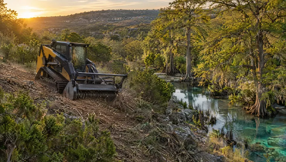 Forestry mulching in Spring Branch, TX: compact track mulcher on a slope above a spring-fed creek near Spring Branch