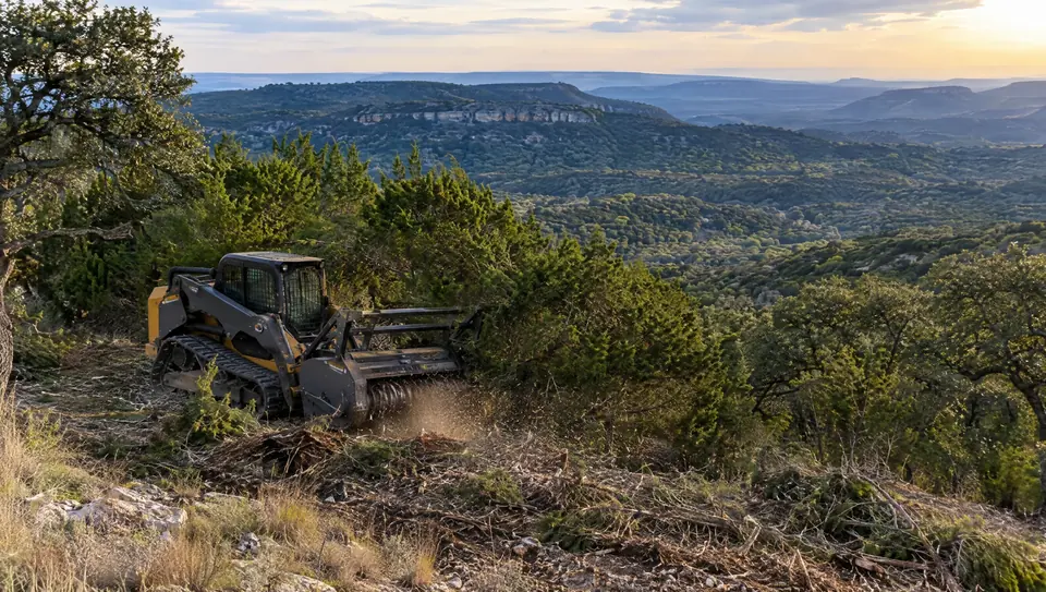 Forestry mulching in the Texas Hill Country: track mulcher clearing cedar above layered Texas Hill Country ridges