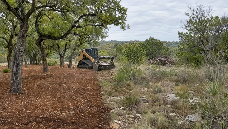 Forestry mulching vs traditional land clearing: neat mulched ground under kept oaks beside untouched brush on the same property