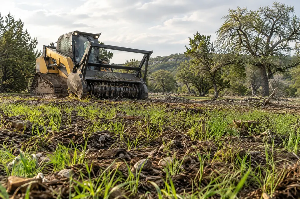 Pasture reclamation: green grass growing up through mulch on a cleared ranch pasture