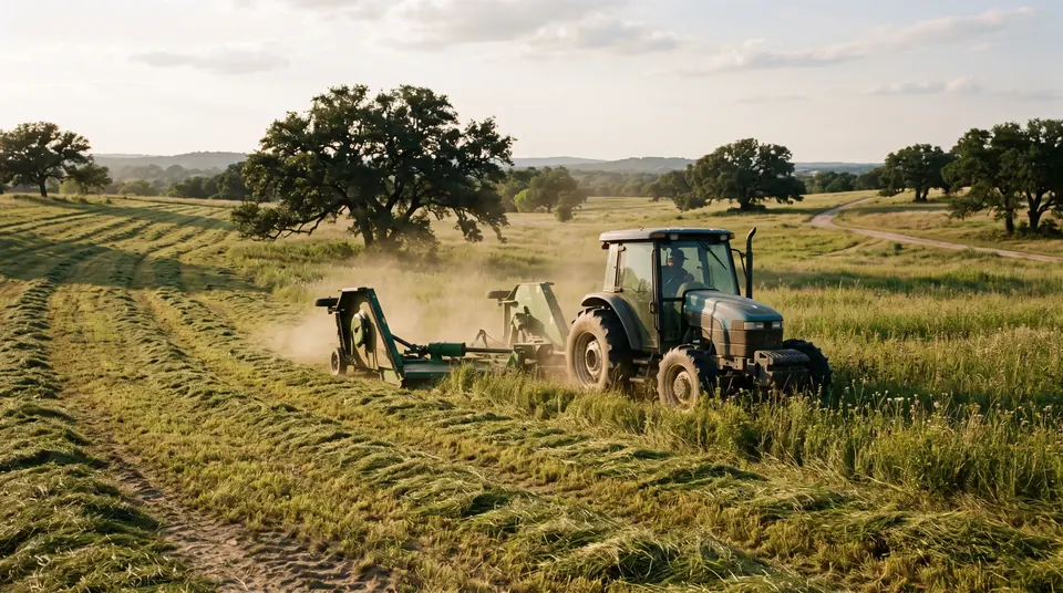 Grounds maintenance in Central Texas: tractor with a batwing shredder mowing a Central Texas pasture