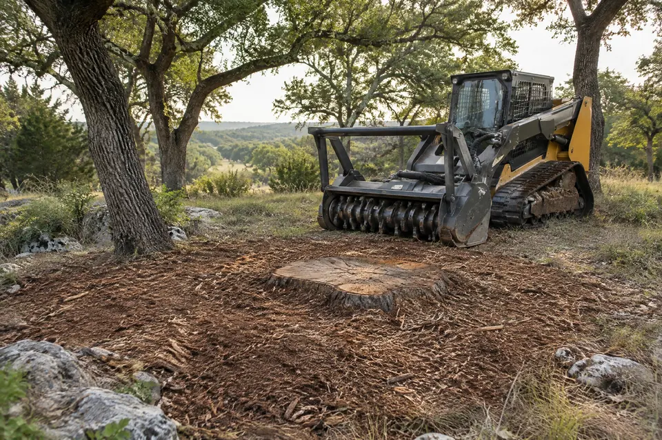 Lot line clearing New Braunfels: hardwood stump ground flush among kept live oaks on a New Braunfels tract