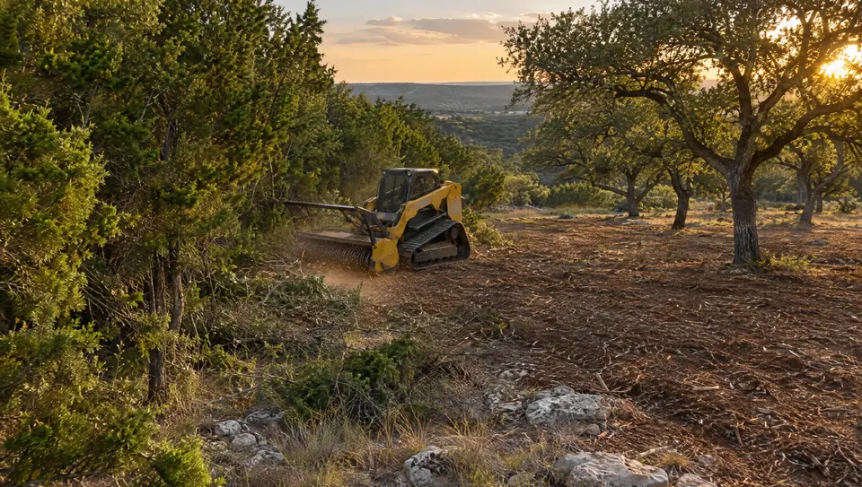 Land services in Central Texas: Hill Country property mid-project, cedar on one side and freshly mulched ground under live oaks on the other