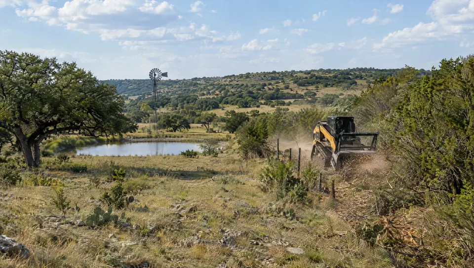 Land clearing in Blanco, TX: Blanco County ranch with a windmill and stock tank, mulcher at the far fence line