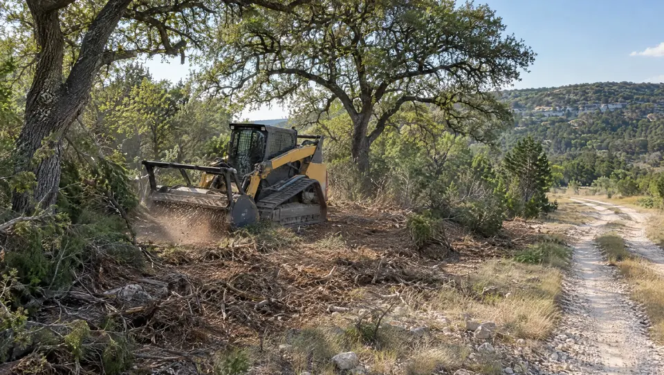 Land clearing in Boerne, TX: track mulcher clearing a Boerne-area homesite under big live oaks