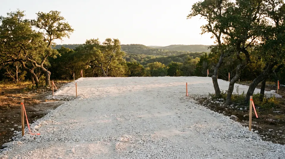 Land clearing for building sites: cleared hilltop home site with a crushed limestone building pad and survey stakes