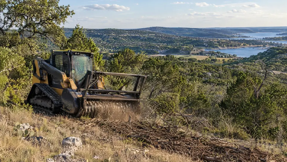 Land clearing in Comal County, TX: track mulcher on a Comal County hillside with Canyon Lake in the distance