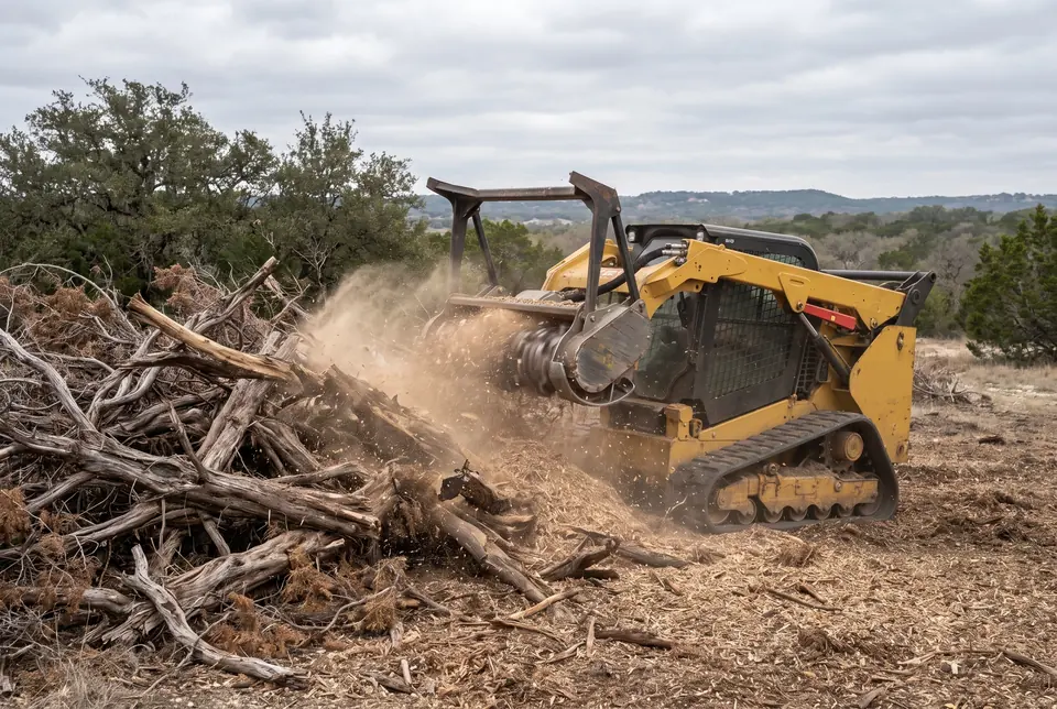 Land clearing in henderson county, TX: track loader mulcher grinding an old brush pile of dead cedar