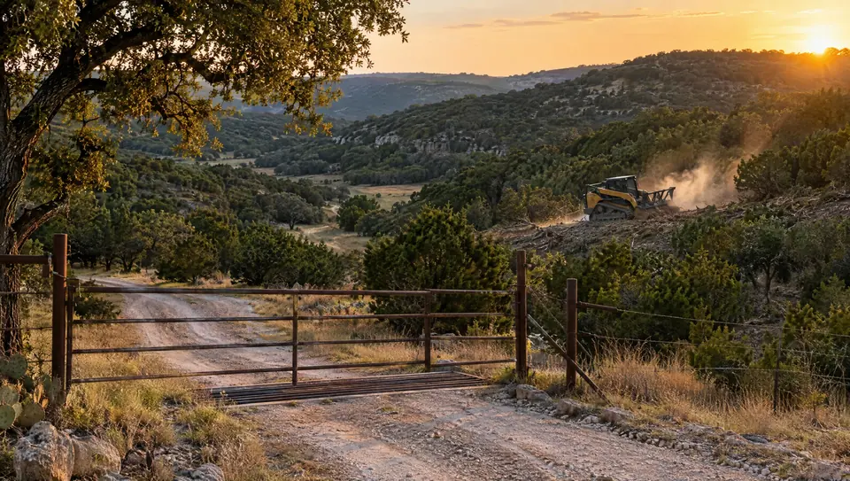 Land clearing in Kerrville, TX: ranch gate and caliche road into Kerr County cedar hills, mulcher on a far slope