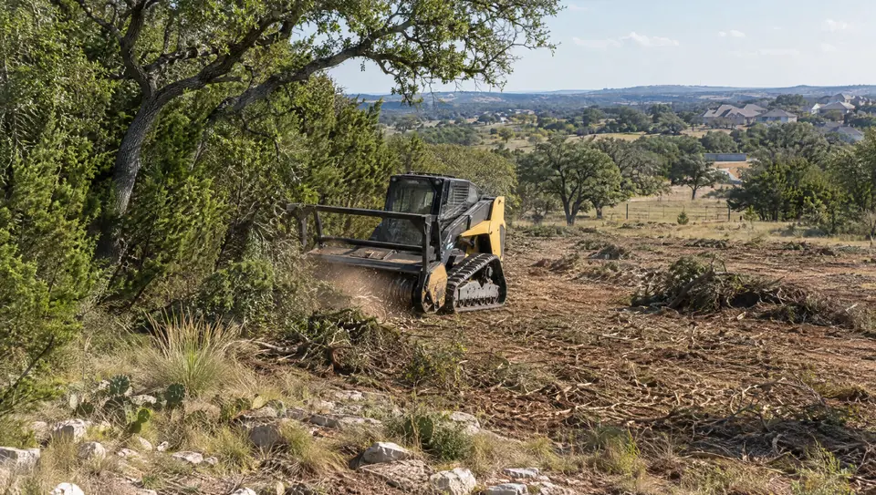 Land clearing in New Braunfels, TX: track mulcher opening pasture on edge-of-town acreage near New Braunfels