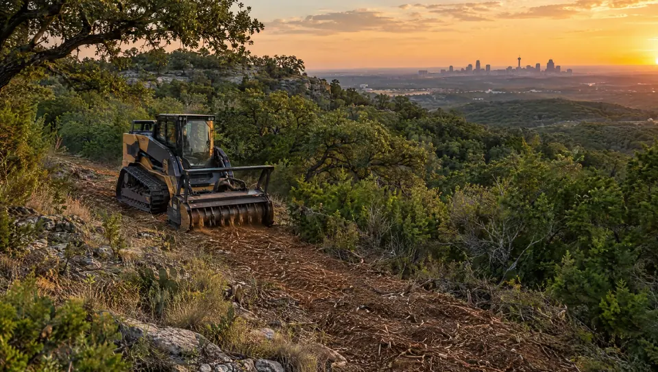 Land clearing in San Antonio, TX: mulched lane along a cedar and oak escarpment north of San Antonio, skyline at sunset