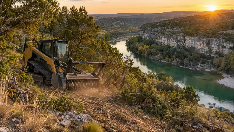Land clearing in Spring Branch, TX: forestry mulcher on a hillside above the Guadalupe River and limestone bluffs near Spring Branch