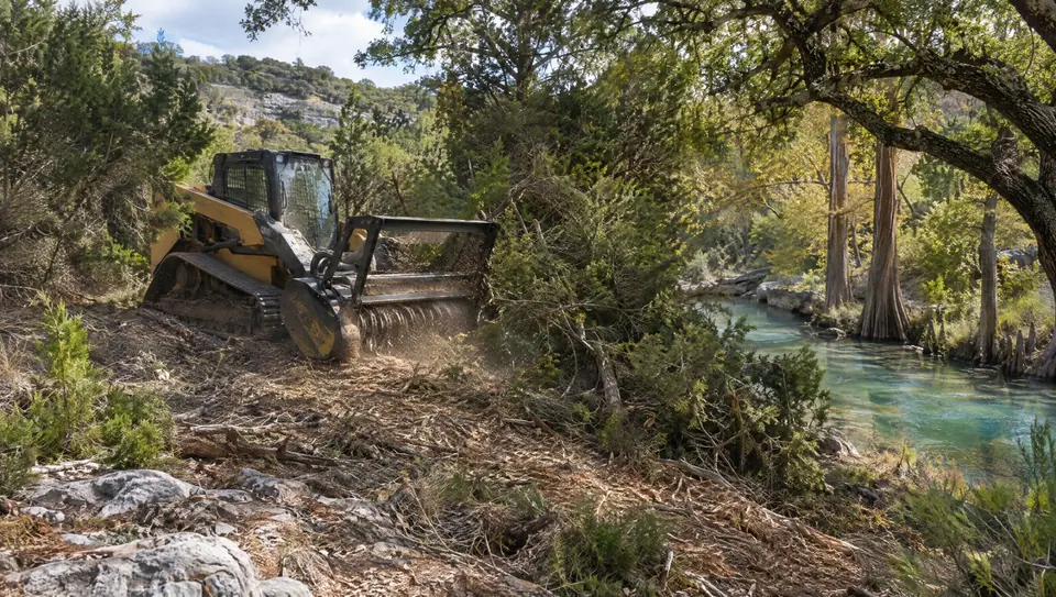 Land clearing in Wimberley, TX: track mulcher clearing cedar on a creek-side lot near Wimberley, cypress below