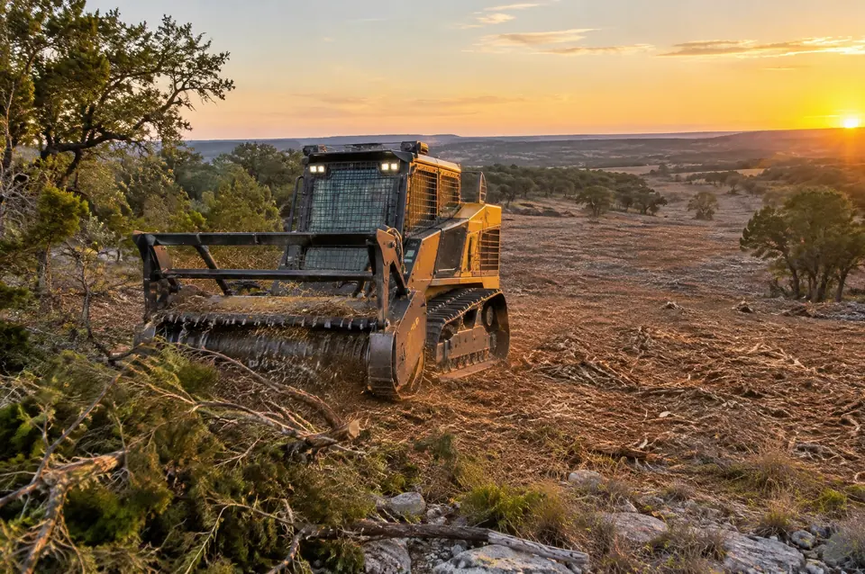 Subdivision land clearing: large tracked forestry mulcher clearing wide acreage at sunset