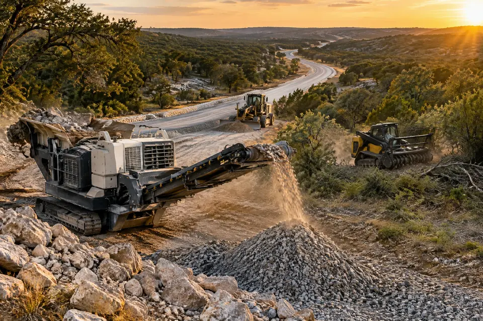 Rock grinding: mobile crusher making road base in front of a finished road and a mulcher