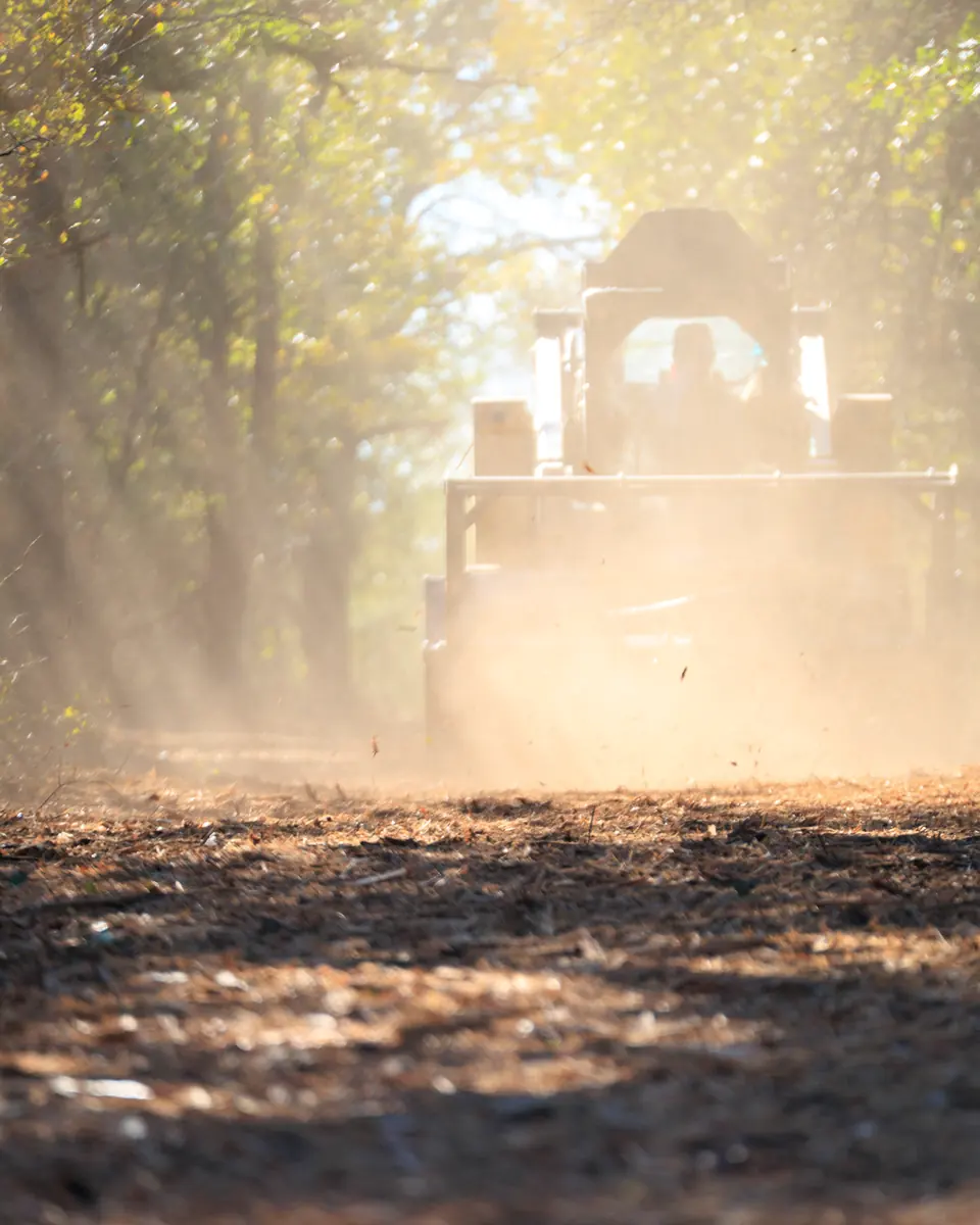 Family-owned land clearing company: 9 Arrow mulcher working in hazy light under the trees