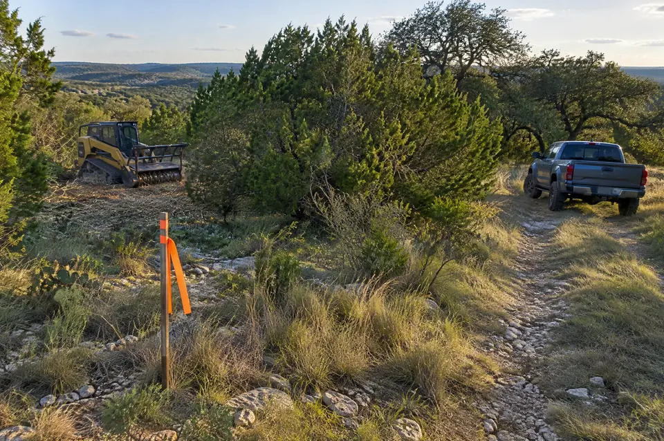 Land clearing smith county TX: orange-flagged survey stake in cedar and oak brush, pickup on a two-track road