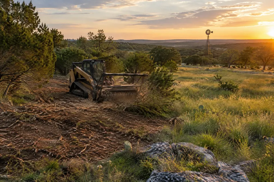 Pasture clearing: pasture half reclaimed from cedar and mesquite at sunset, windmill in the distance