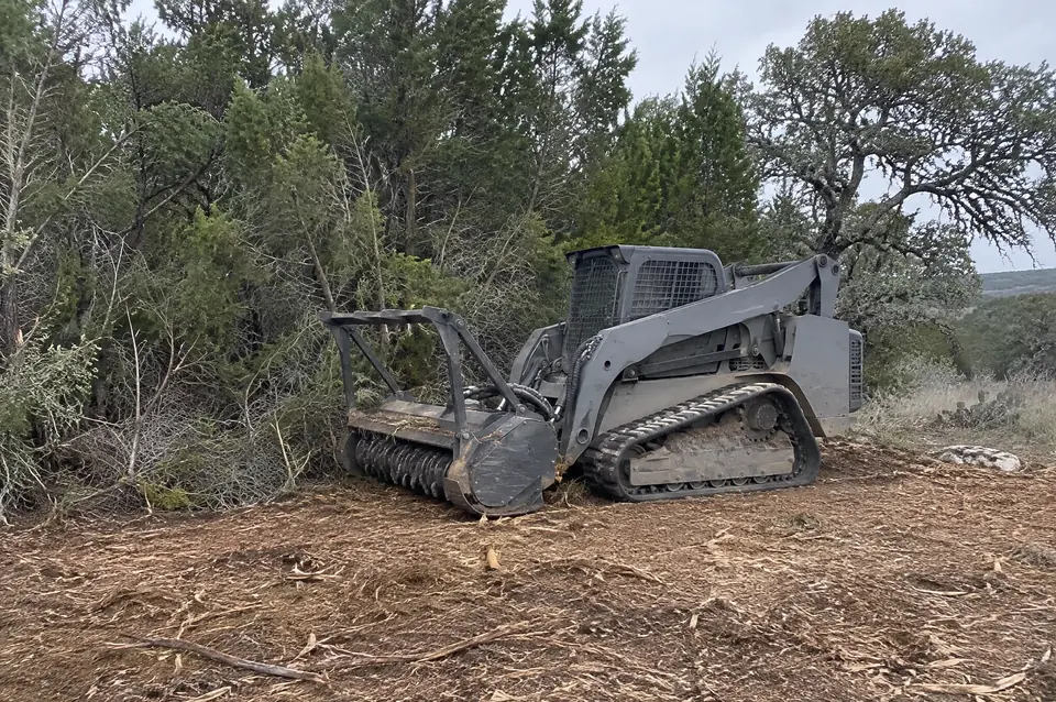 Permit to clear land in Texas: half-cleared Hill Country tract with fresh mulch in front of standing cedar and oak