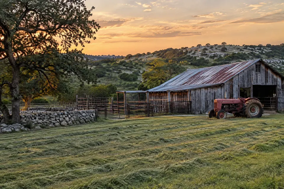 Ranch road building: ranch barn and pens with freshly mowed grass and a red tractor