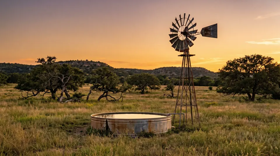 Ranch land clearing in Texas: Hill Country ranch pasture with a windmill and stock tank