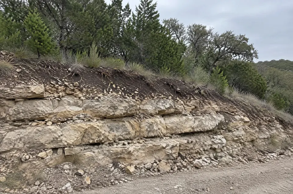 Hill Country limestone: road cut showing a few inches of dark soil over stair-stepped limestone ledge