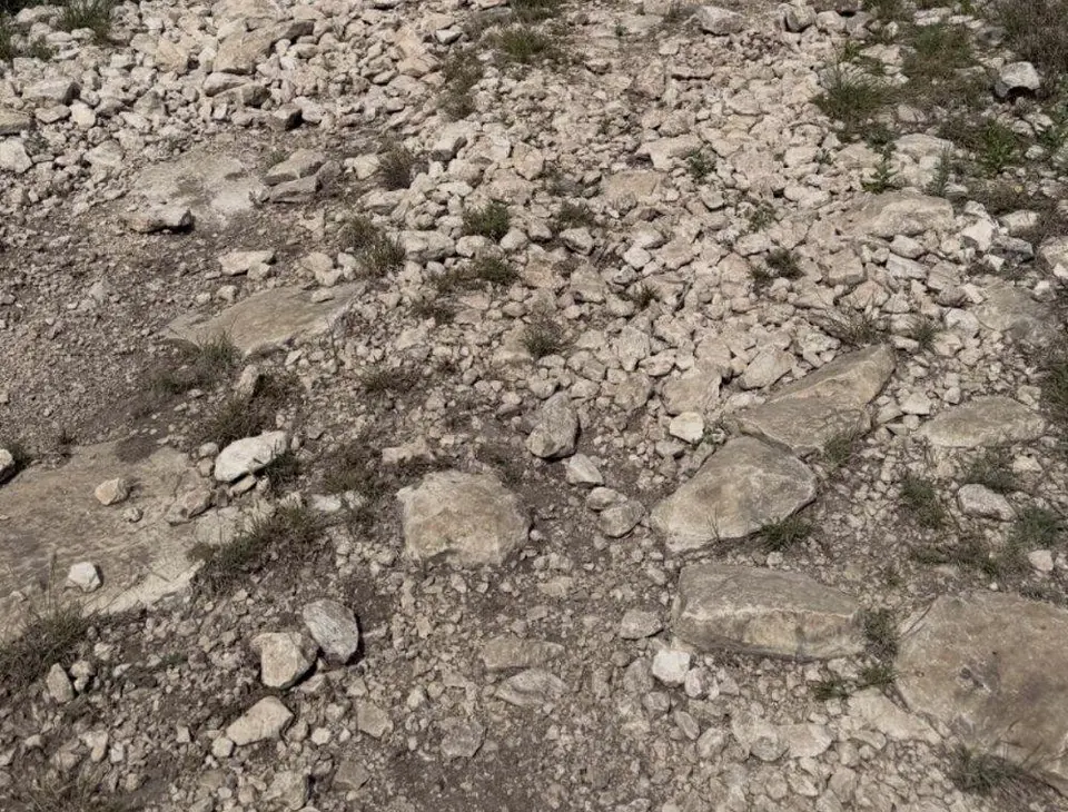 Crushed rock road base: loose limestone surface rock before on-site rock crushing