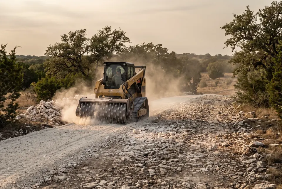Rock crushing and rock milling in Central Texas: track loader with a rock crusher attachment turning surface limestone into road base