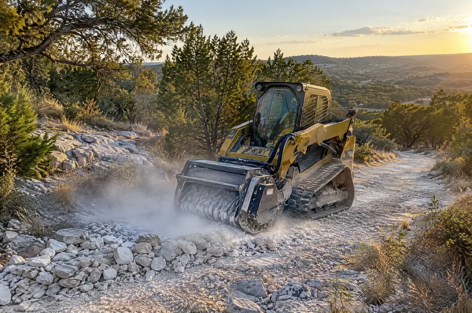 On-site rock crushing: track loader with a rock crusher head working a rocky Hill Country road