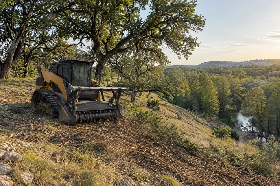 Ashe juniper removal Boerne: track mulcher above a cypress-lined creek valley after cedar removal near Boerne
