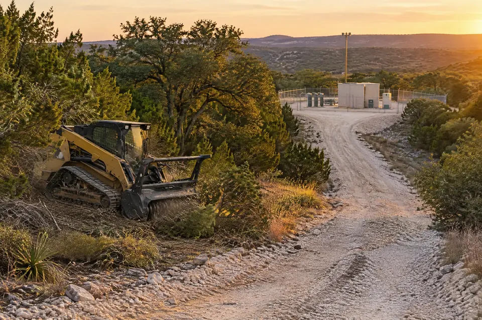 Powerline corridor clearing: track mulcher beside a new caliche access road to a fenced utility site