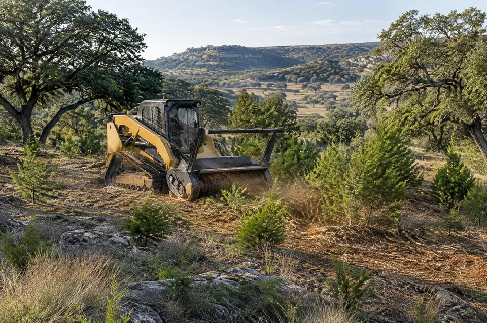 Cedar clearing Kendall County: track mulcher clearing young cedar between live oaks in the Kendall County hills